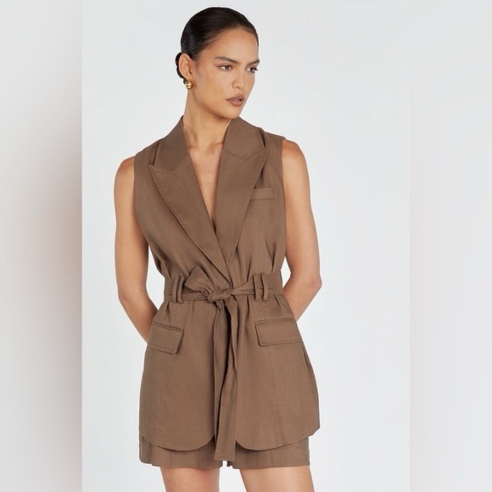 Dissh Sloan Coco Linen Blend Brown Sleeveless Wrap Belted Vest